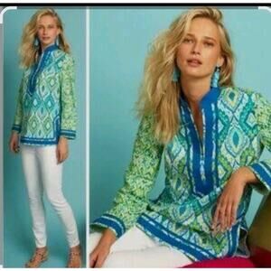 NicoBlu Nicobar Tunic Top in Jungle Green Ikat, Women's Size xLarge Blouse Boho